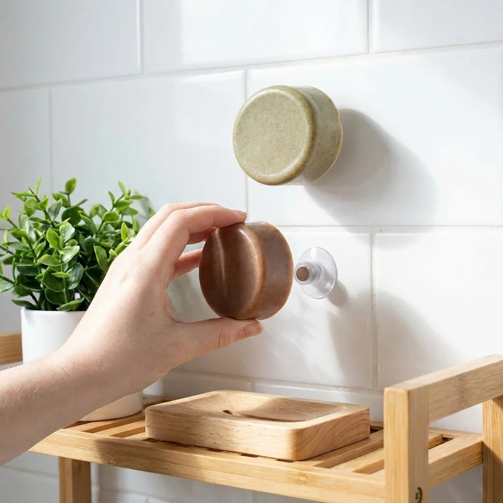 Porte savon aimanté Angie Be Green fixé au mur avec ventouse dans salle de bain moderne