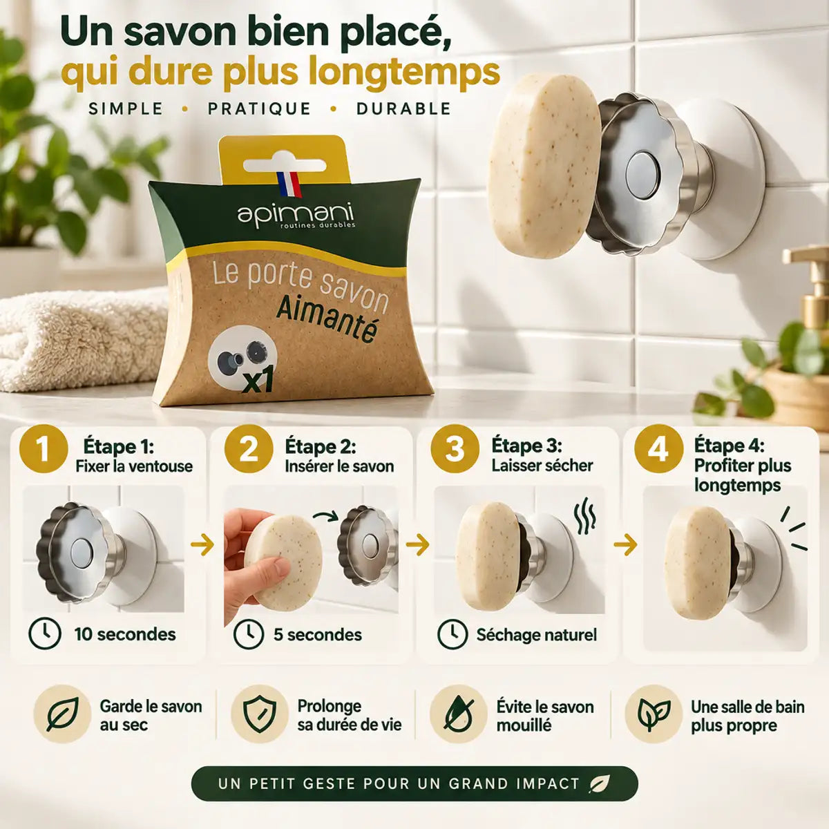 Porte savon aimanté Apimani fleur design avec guide d'installation en 4 étapes