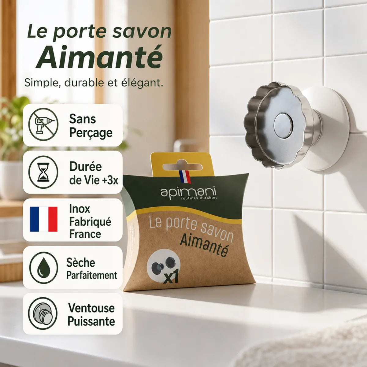 Porte savon aimanté Apimani inox sans perçage sur carrelage blanc avec emballage