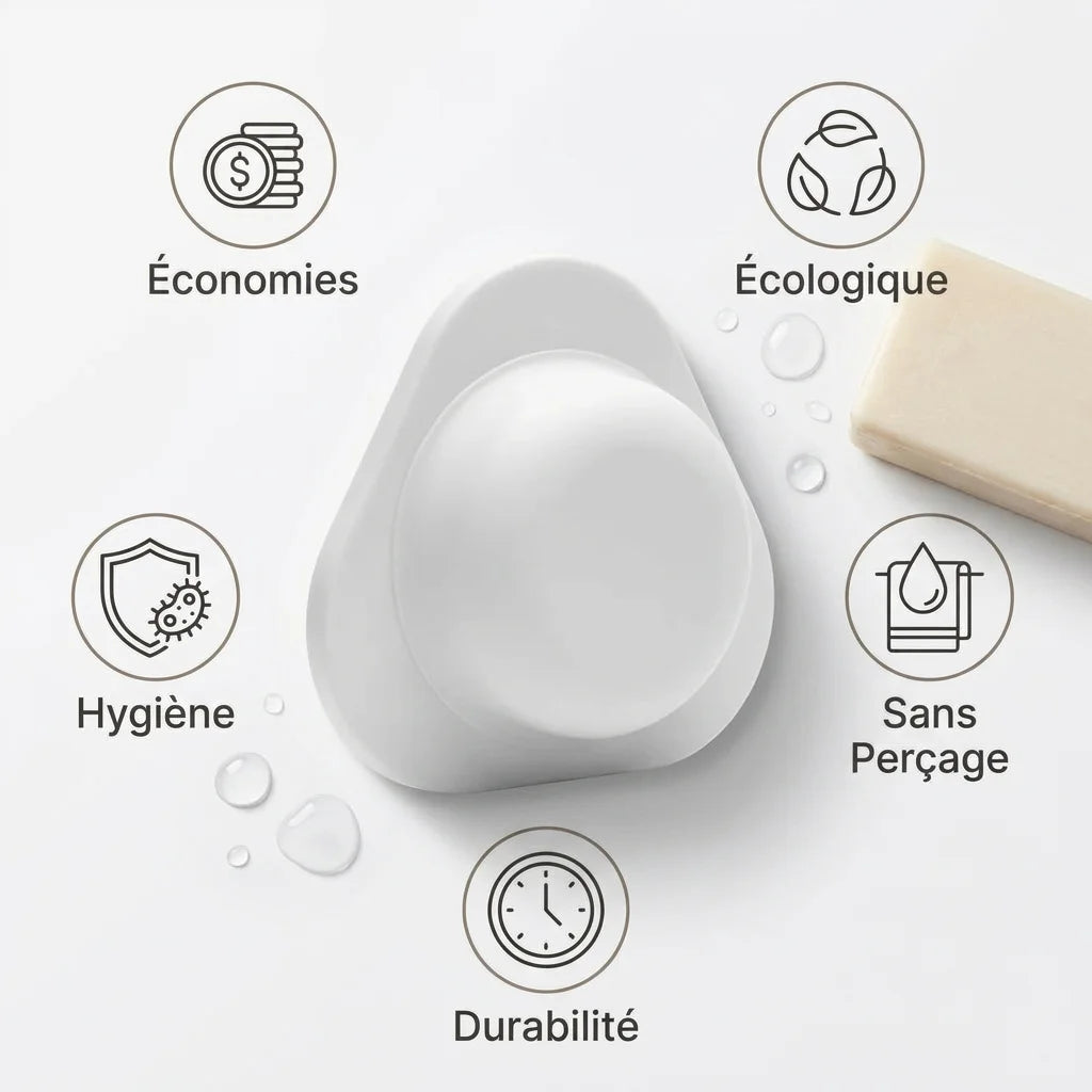 Porte savon aimanté blanc triangle Apimani avec icônes avantages écologiques et sans perçage