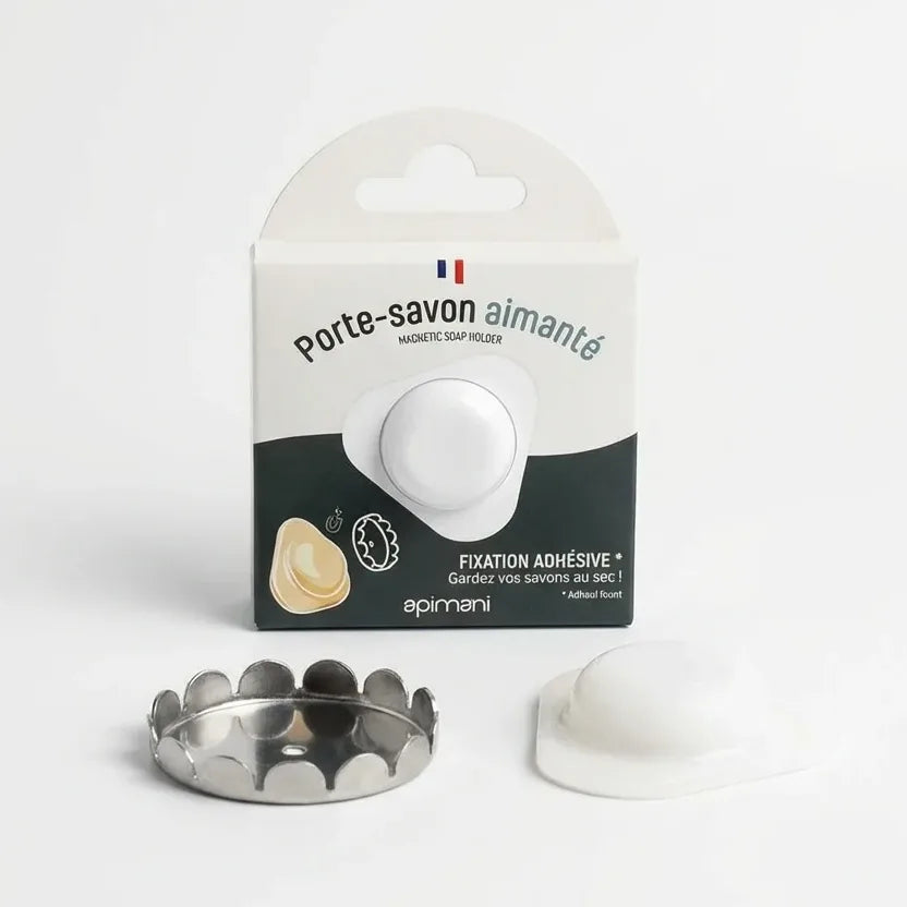 Porte savon aimanté blanc triangulaire Apimani avec adhésif, design minimaliste
