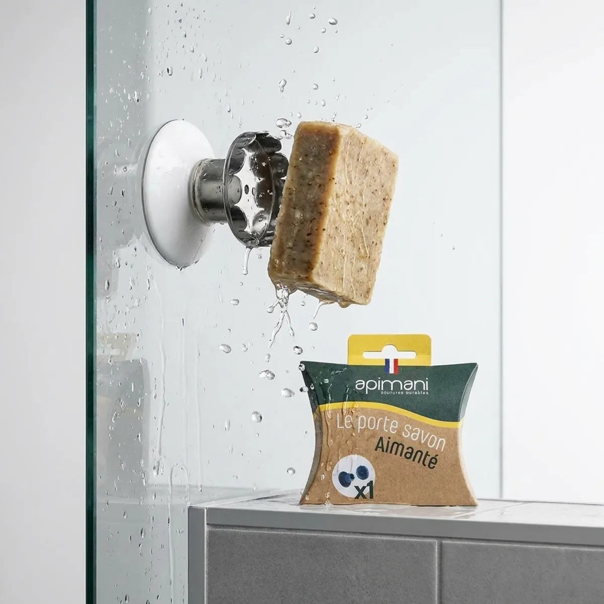 Porte savon aimanté Apimani avec ventouse sur paroi de douche, savon suspendu magnétiquement