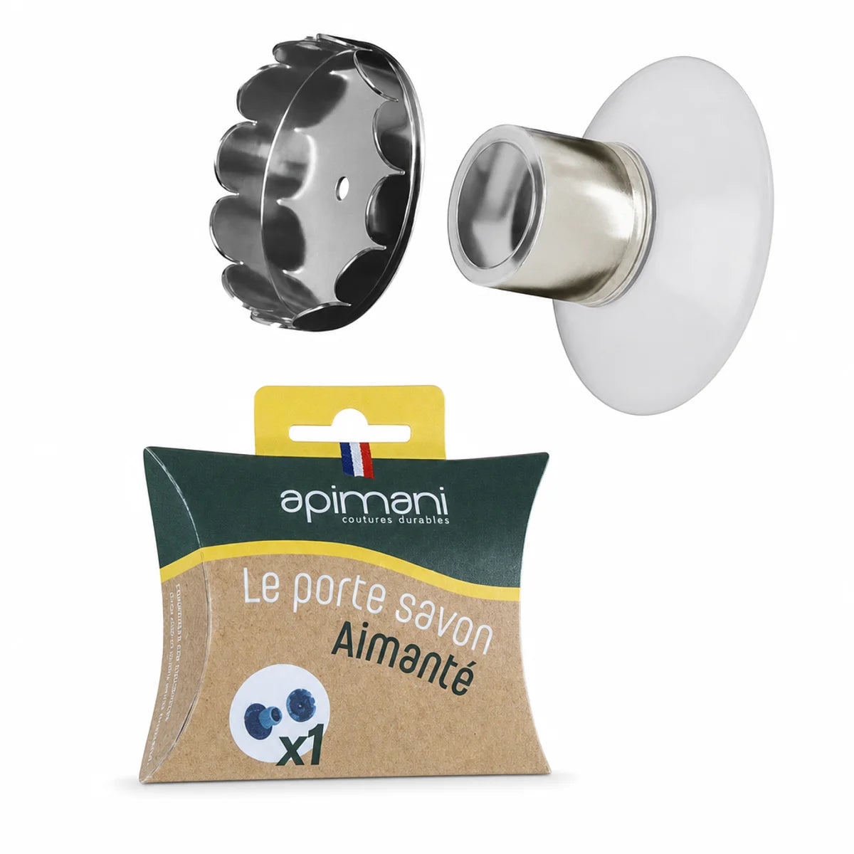 Porte savon aimanté Apimani avec ventouse, boîte d'emballage kraft et accessoires inclus