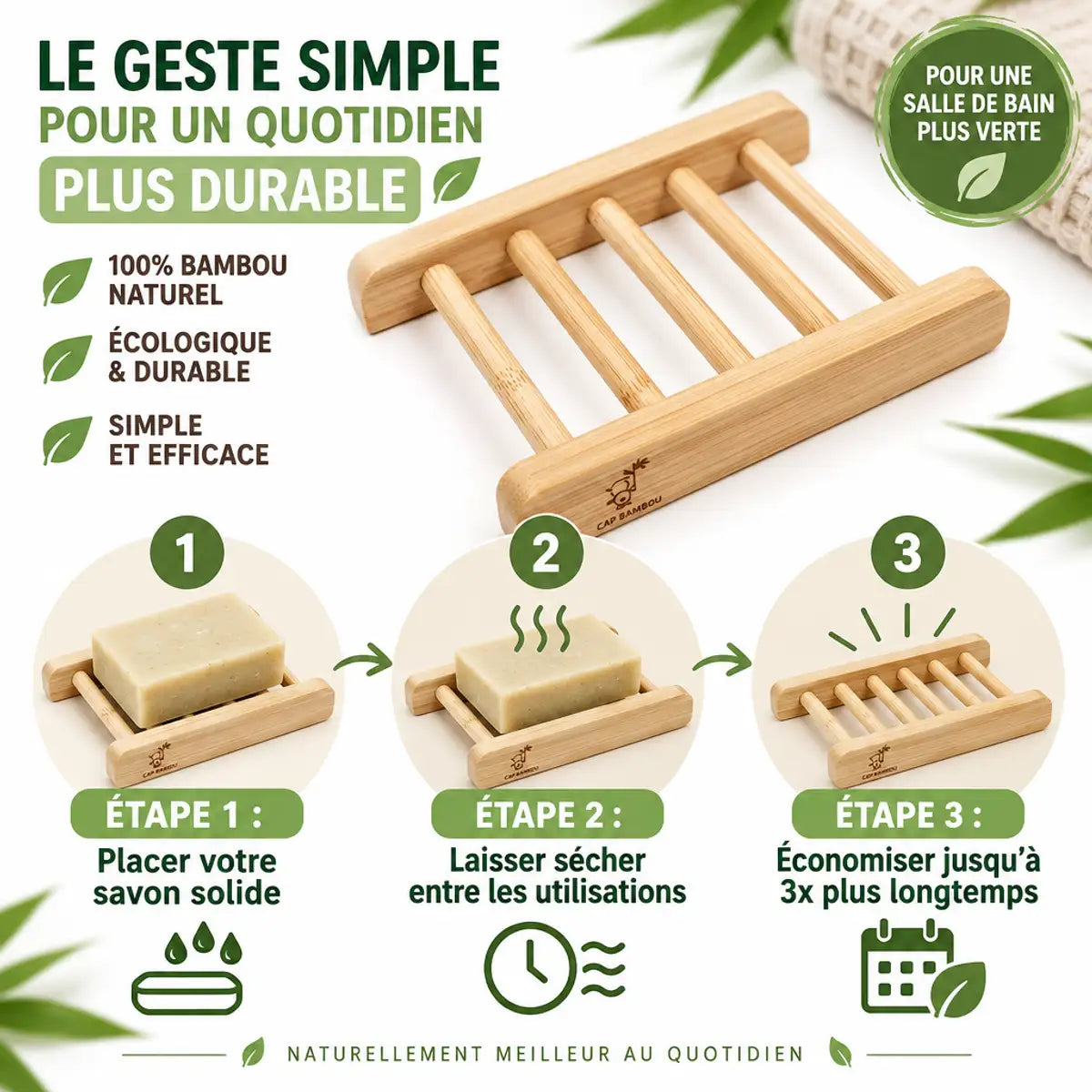 Porte savon bambou Cap Bambou avec instructions d'utilisation et guide de durabilité du savon solide