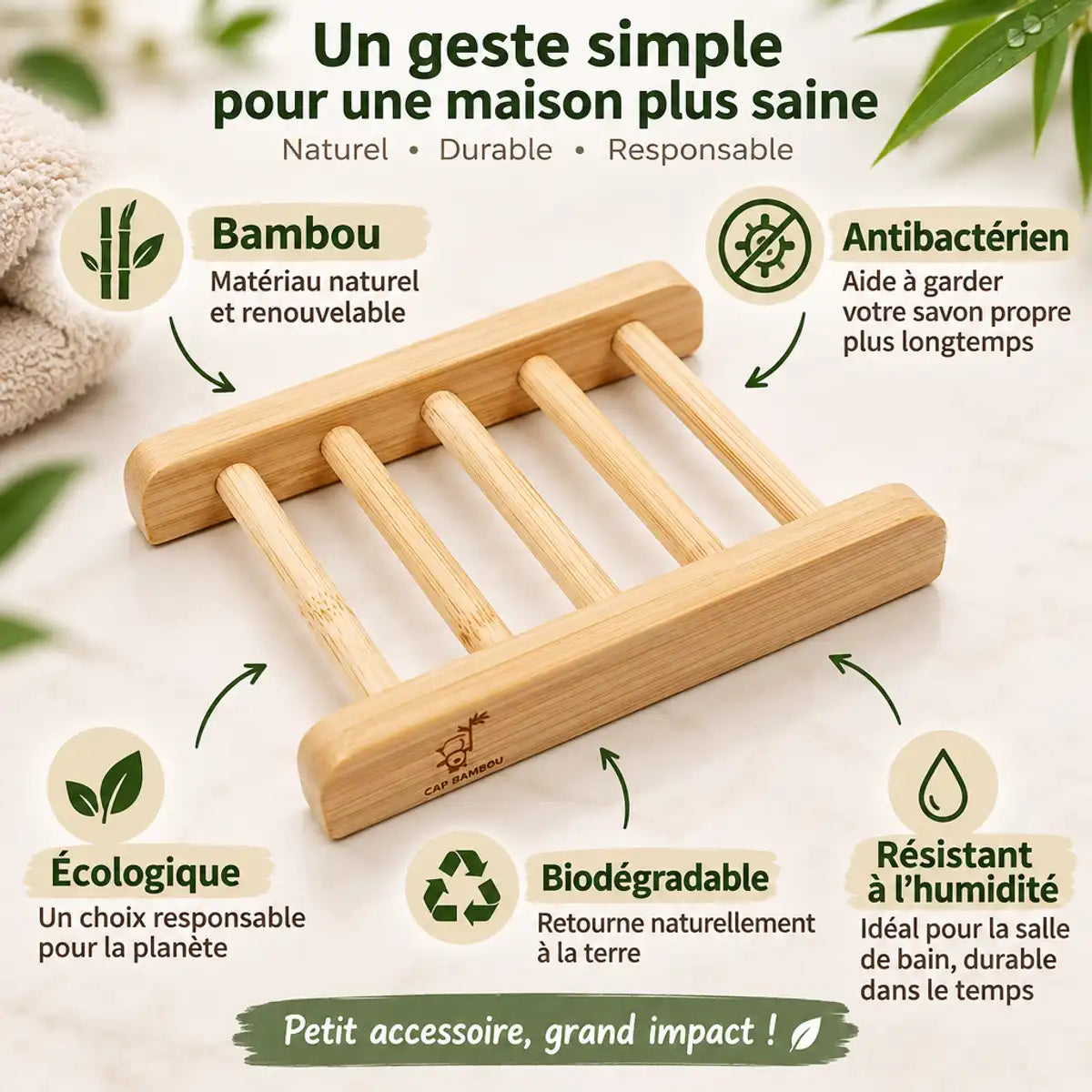 Porte savon bambou Cap Bambou écologique, antibactérien et biodégradable en design épuré