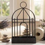 Porte-spirales d'encens noir en métal style cage avec éléments zen et fleurs séchées