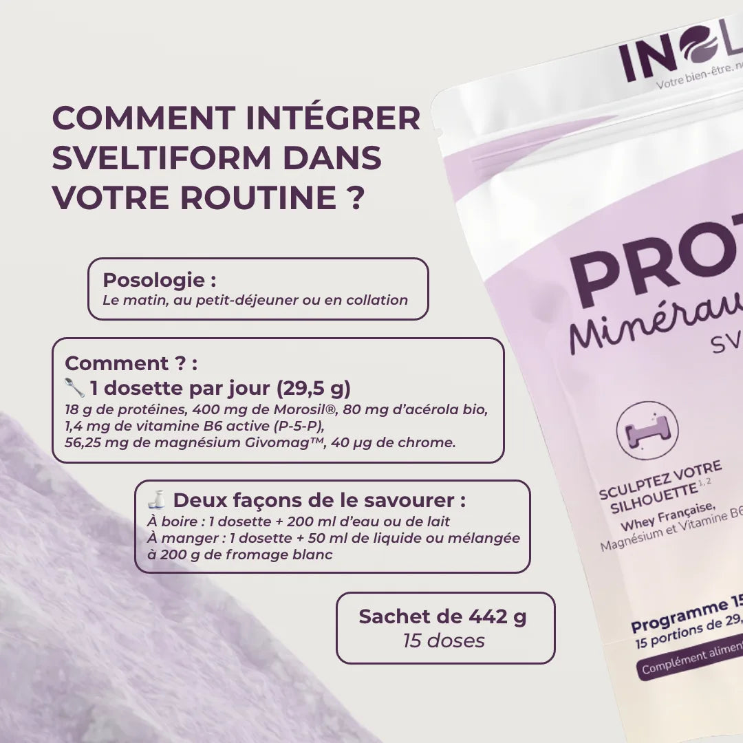 Posologie du sveltiforme de la marque INOLAB, on peut voir la moitié du sachet de sveltiforme sur le côté droit