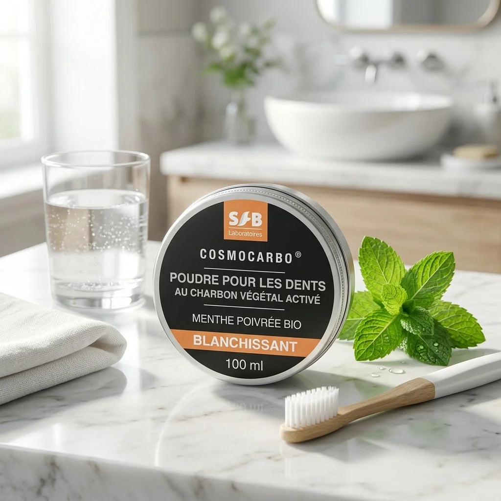 Poudre blanchissante SFB menthe poivrée 100ml avec feuilles menthe et brosse à dents