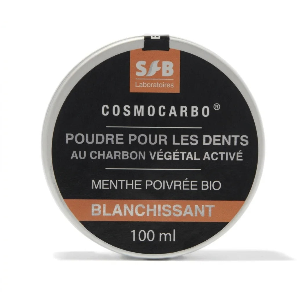 Poudre blanchissante SFB Cosmocarbo menthe poivrée 100ml - pot noir et orange