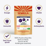 Poudre d'Açaï Bio Sol Semilla 50g avec infographie bénéfices santé et nutrition
