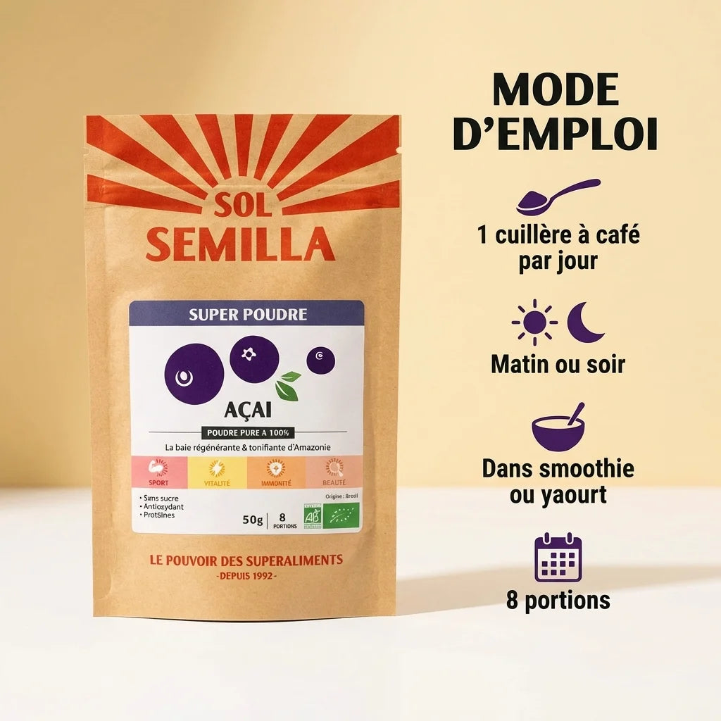 Poudre d'Açaï Bio Sol Semilla 50g avec mode d'emploi et dosage recommandé