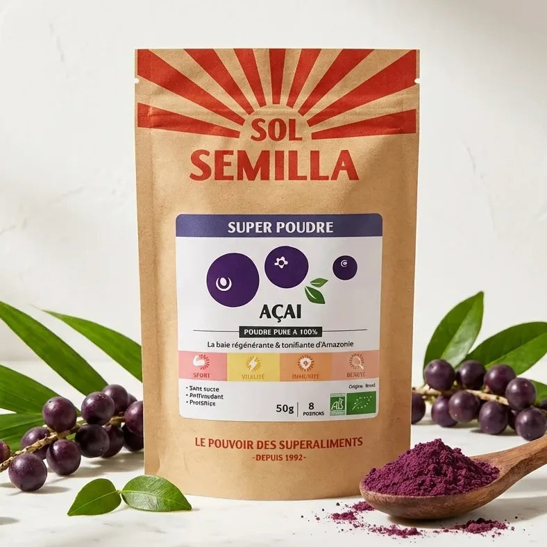 Poudre d'Açaï Bio Sol Semilla 50g avec baies fraîches et cuillère en bois