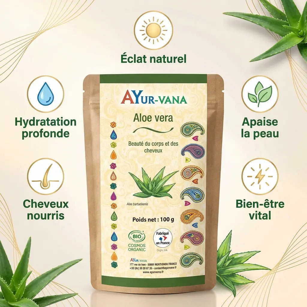 Poudre Aloe vera bio 100g AyurVana avec bénéfices hydratation peau cheveux
