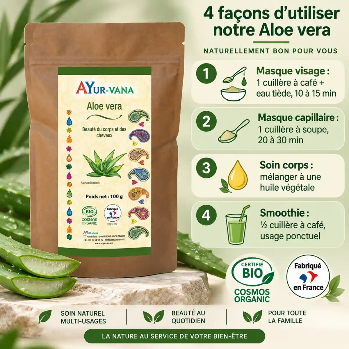Sachet de poudre d'Aloe vera bio AyurVana 100g avec guide d'utilisation : masque, soin capillaire, corps et smoothie