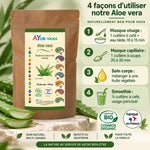 Sachet de poudre d'Aloe vera bio AyurVana 100g avec guide d'utilisation : masque, soin capillaire, corps et smoothie