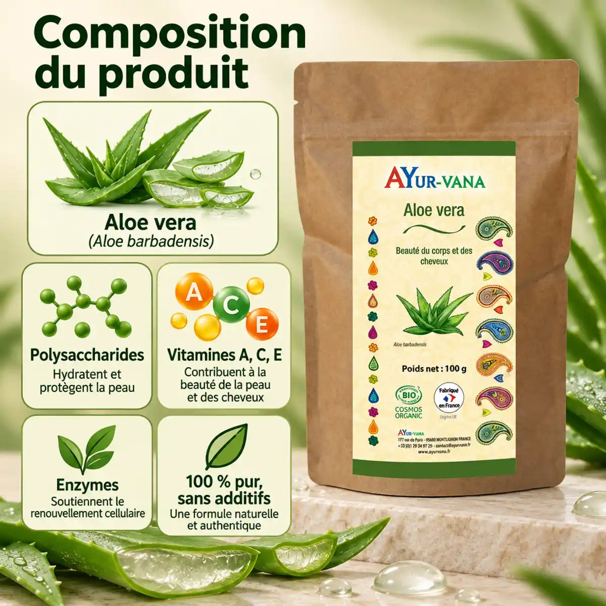 Sachet kraft de poudre d'Aloe vera bio AyurVana 100 g, avec liste des composants : polysaccharides, vitamines A, C, E et enzymes