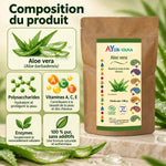Sachet kraft de poudre d'Aloe vera bio AyurVana 100 g, avec liste des composants : polysaccharides, vitamines A, C, E et enzymes
