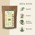 Poudre d'Aloe vera bio AyurVana 100g avec infographie des bénéfices pour sportifs, seniors et beauté naturelle