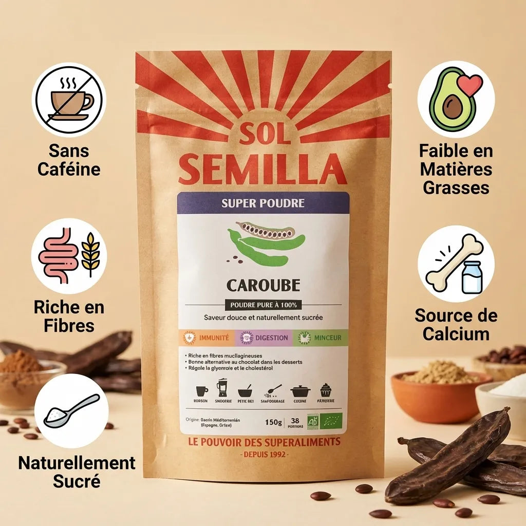 Poudre de Caroube Bio Sol Semilla 150g avec infographie des bénéfés santé