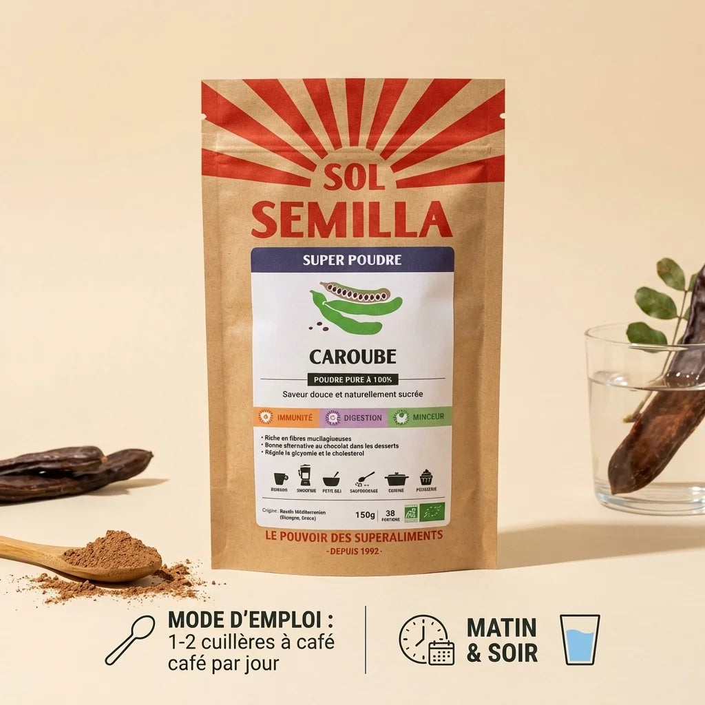 Poudre de Caroube crue Bio Sol Semilla 150g avec mode d'emploi et accessoires