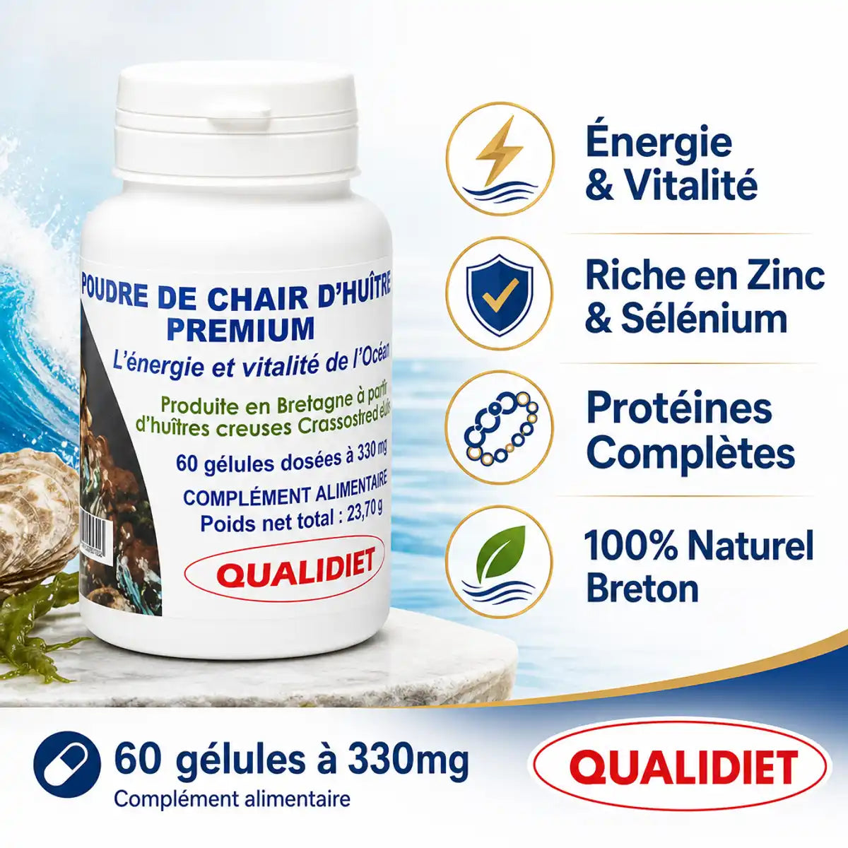 Poudre de Chair d'Huître Premium Qualidiet 60 gélules avec bénéfices zinc sélénium protéines naturel