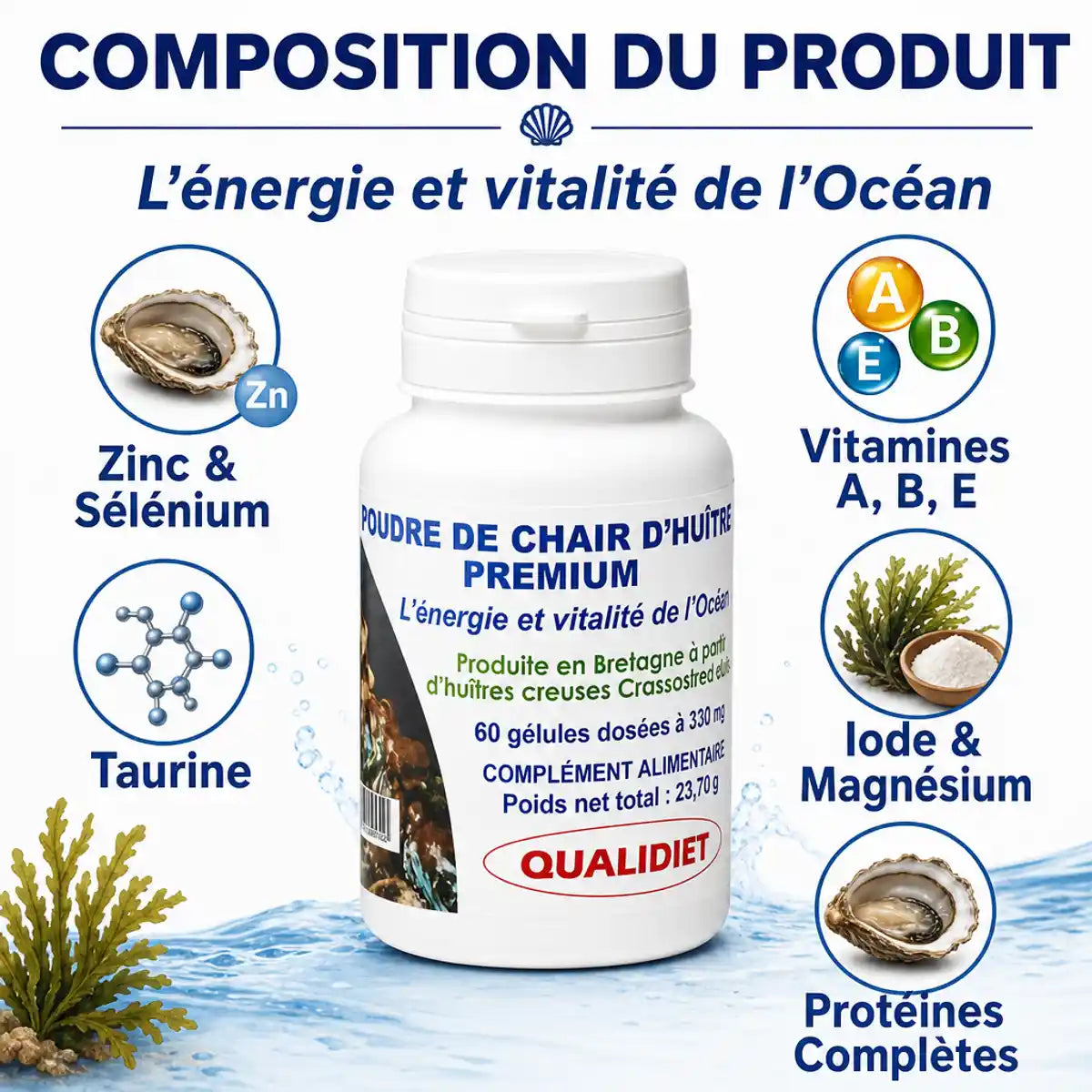 Poudre de Chair d'Huître Premium 60 gélules - Composition Zinc Sélénium Taurine Vitamines