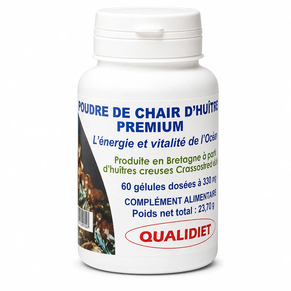 Poudre de Chair d'Huître Premium Qualidiet 60 gélules flacon blanc étiquette bleue rouge