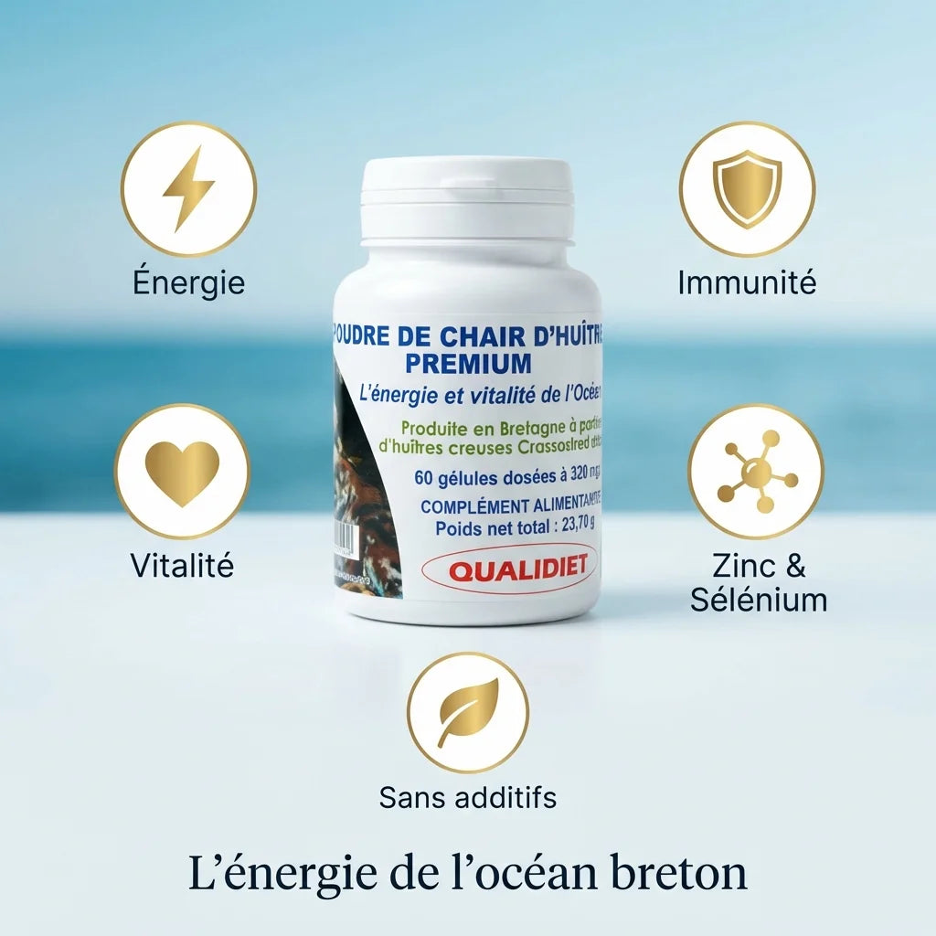 Poudre de Chair d'Huître Premium 60 gélules Vital Osmose avec bénéfices santé et logo L'énergie de l'océan breton