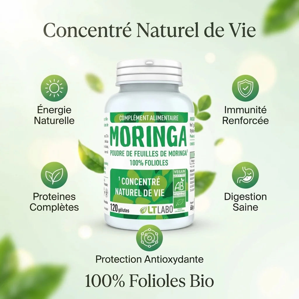 Poudre de Moringa oleifera bio 120 gélules LT Labo avec icônes bénéfices santé naturels