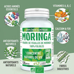 Poudre Moringa oleifera bio 120 gélules LT Labo avec infographie vitamines antioxydants calcium fer