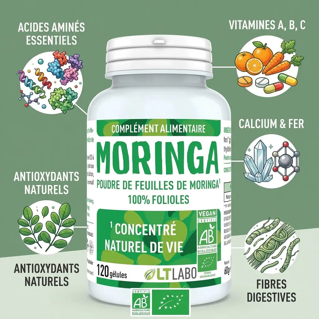 Poudre Moringa oleifera bio 120 gélules LT Labo avec infographie vitamines antioxydants calcium fer