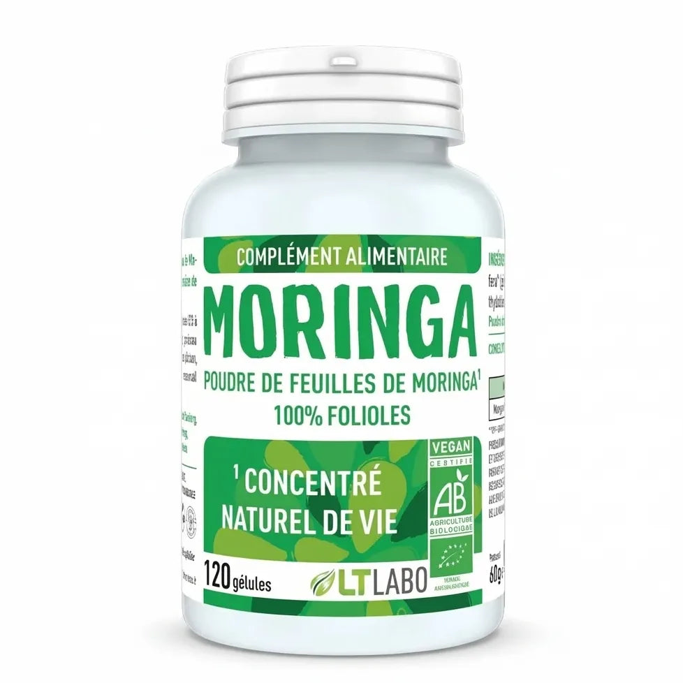 Poudre de Moringa oleifera bio 120 gélules LT Labo en flacon blanc avec étiquette verte