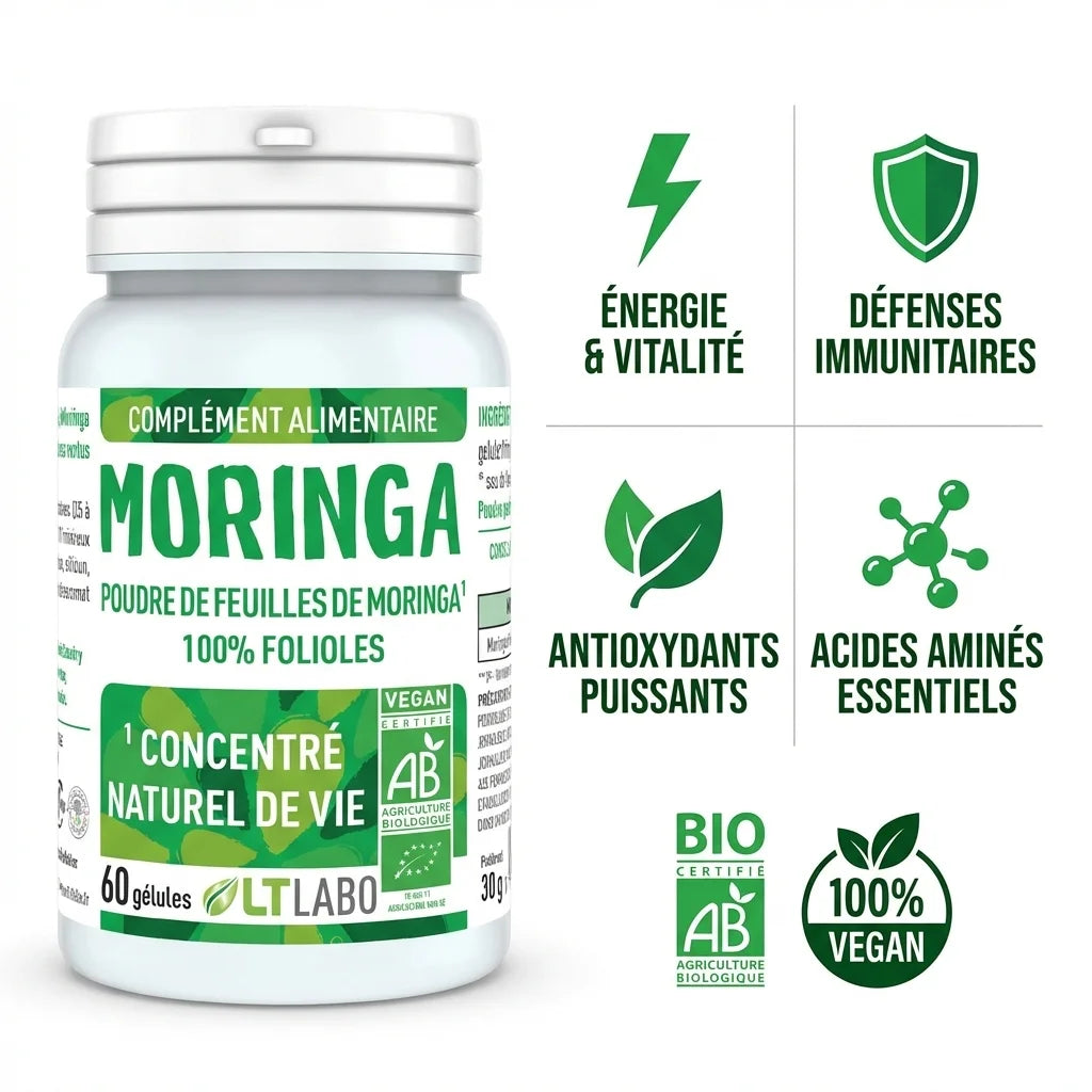 Poudre Moringa oleifera bio LT Labo 60 gélules avec bénéfices santé et certifications