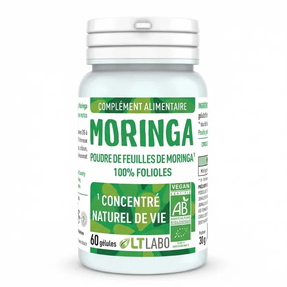Flacon blanc de Moringa oleifera bio 60 gélules LT Labo avec label vert et certification AB vegan