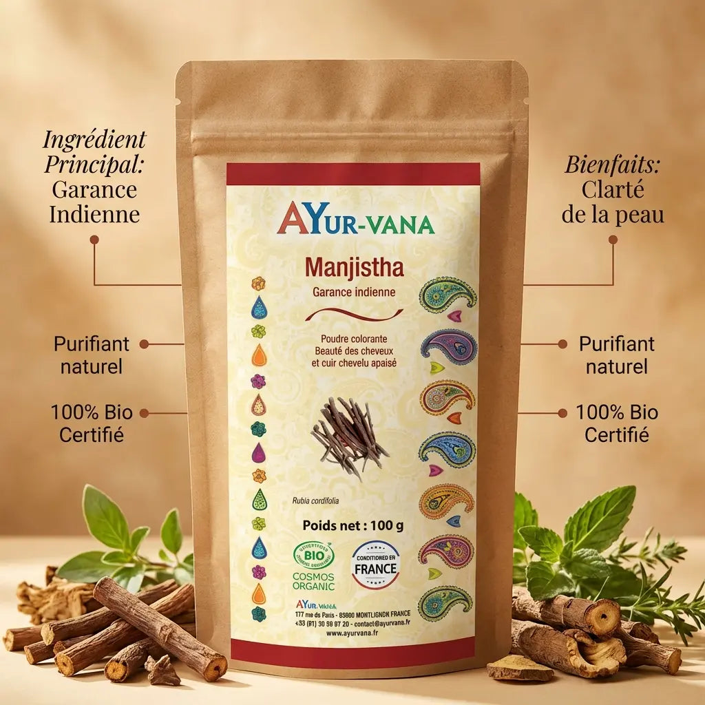 Poudre Manjistha bio 100g Ayur Vana avec ingrédients naturels et bienfaits pour la peau