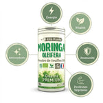 Poudre de Moringa oleifera bio 150g avec icônes bénéfices santé : énergie, vitalité, immunité, protéines