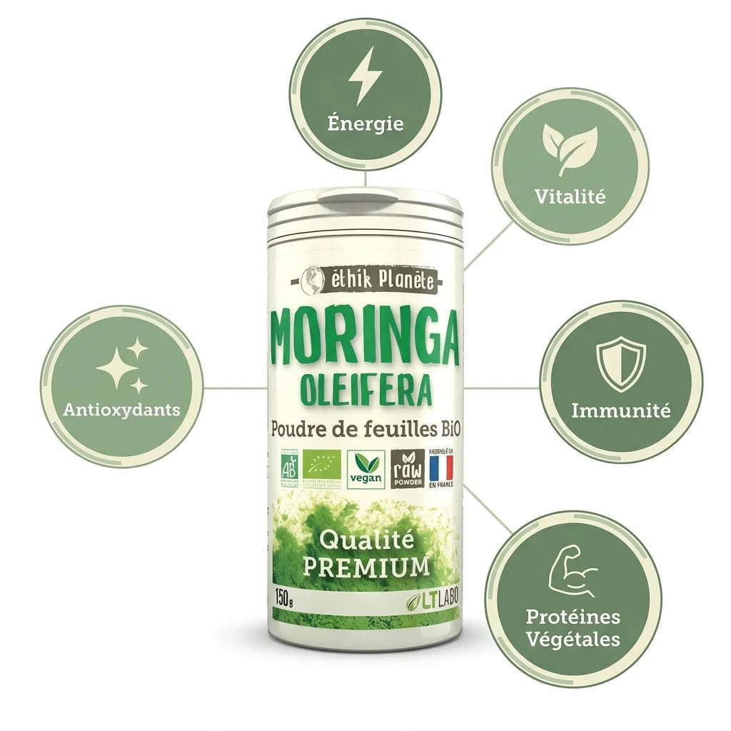 Poudre de Moringa oleifera bio 150g avec icônes bénéfices santé : énergie, vitalité, immunité, protéines