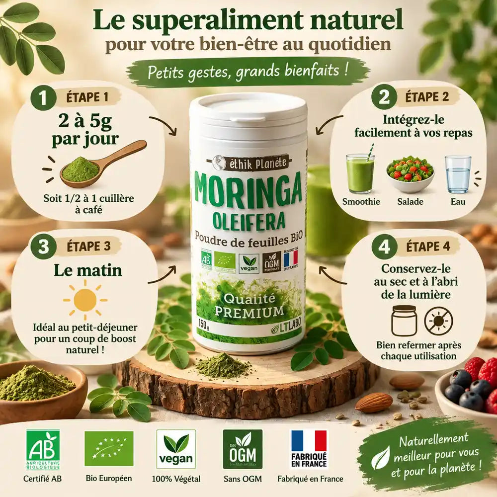 Poudre de Moringa oleifera bio 150g LT Labo avec guide d'utilisation et certifications
