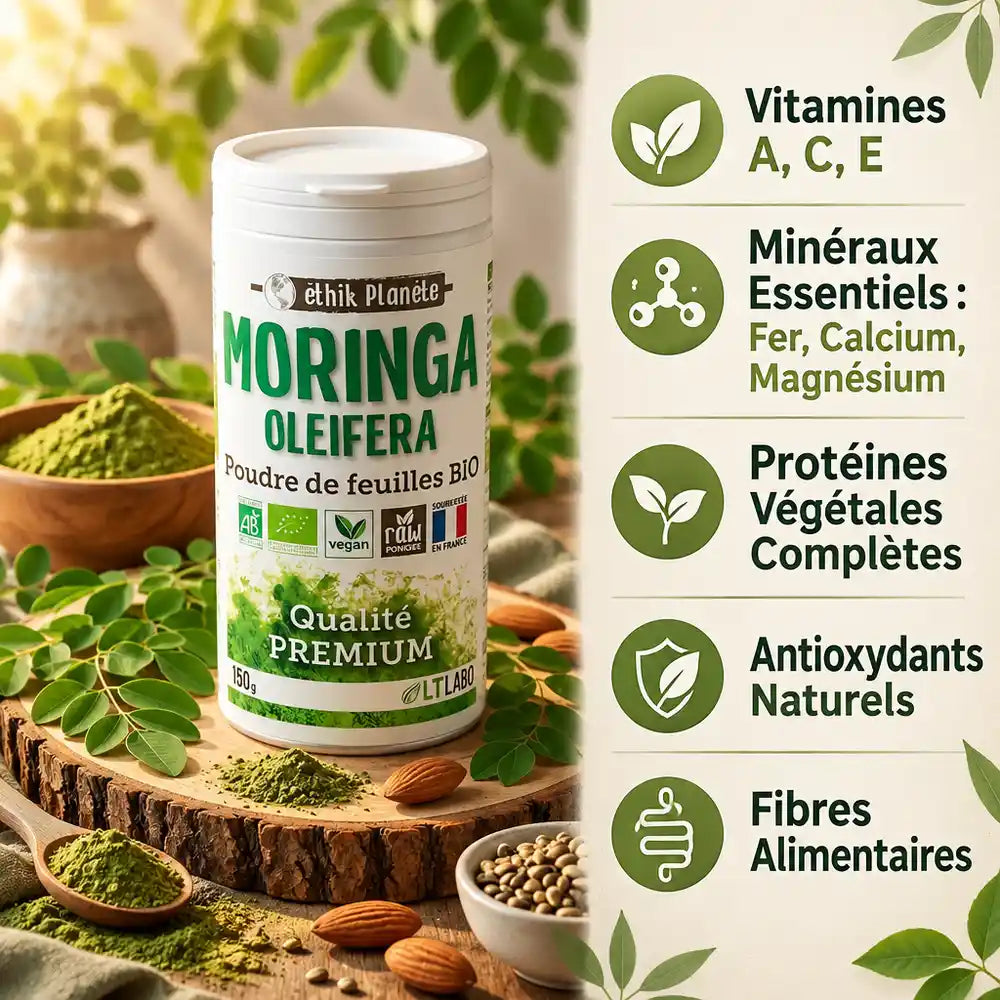 Poudre Moringa oleifera bio 150g avec feuilles fraîches, vitamines et minéraux essentiels affichés