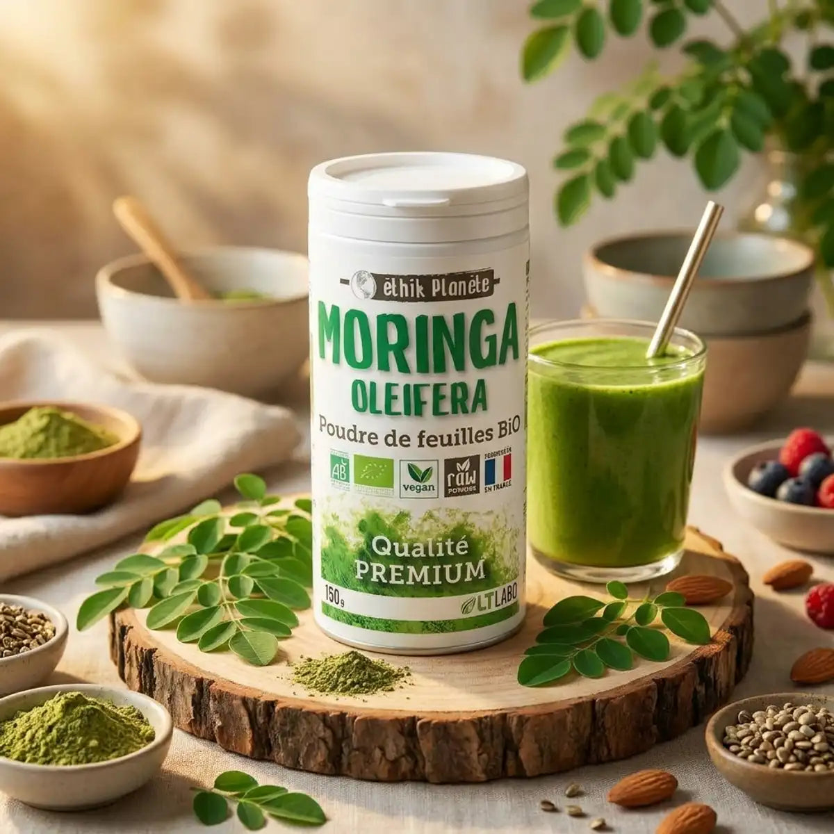 Poudre de Moringa bio 150g LT Labo avec feuilles fraîches et verre de smoothie vert