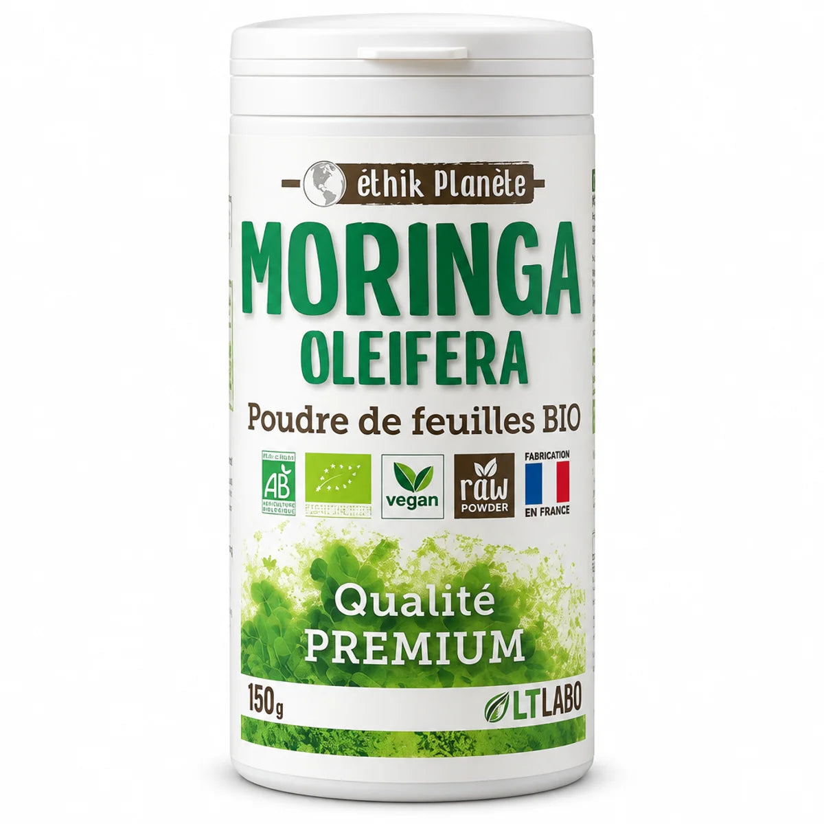 Poudre de Moringa oleifera bio 150g LT Labo en pot blanc avec étiquette verte