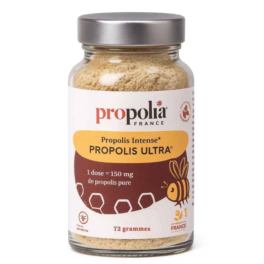 Un flacon de Poudre de Propolis Ultra de 72g de la marque Propolia