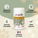 Poudre soin cutané naturelle Propolia 30g pour chien et chat avec bénéfices illustrés