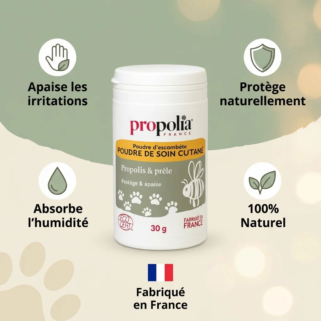 Poudre soin cutané naturelle Propolia 30g pour chien et chat avec bénéfices illustrés