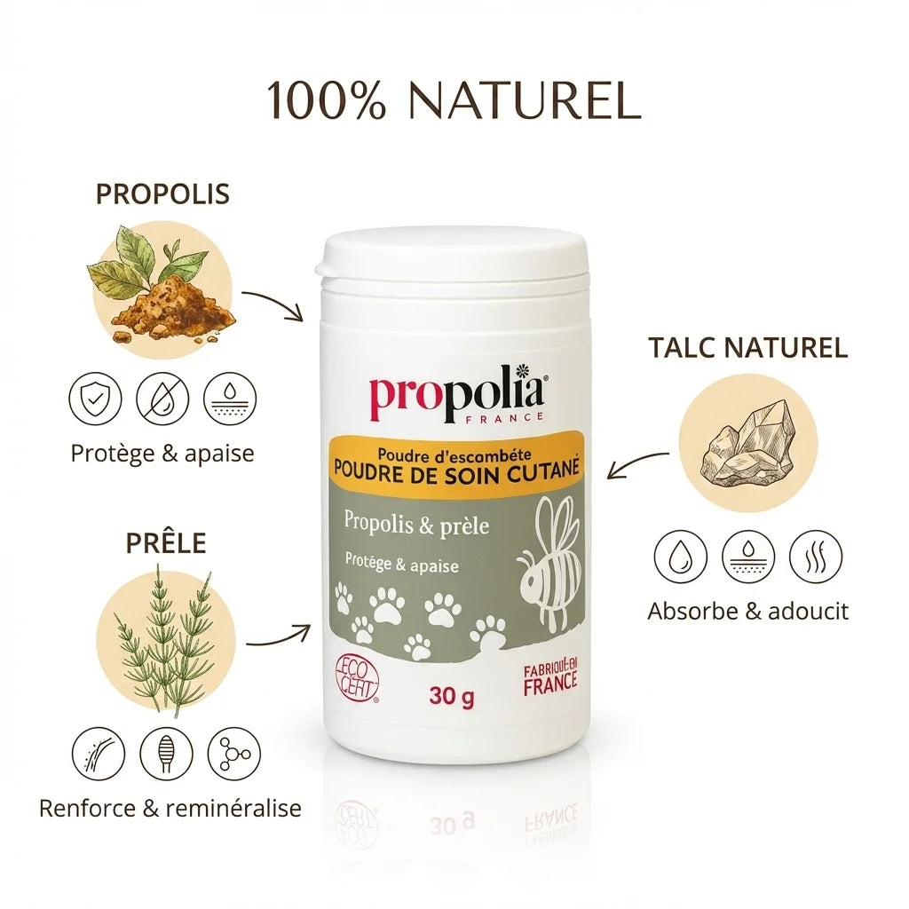 Poudre soin cutané naturelle Propolia pour chien et chat avec propolis et prêle