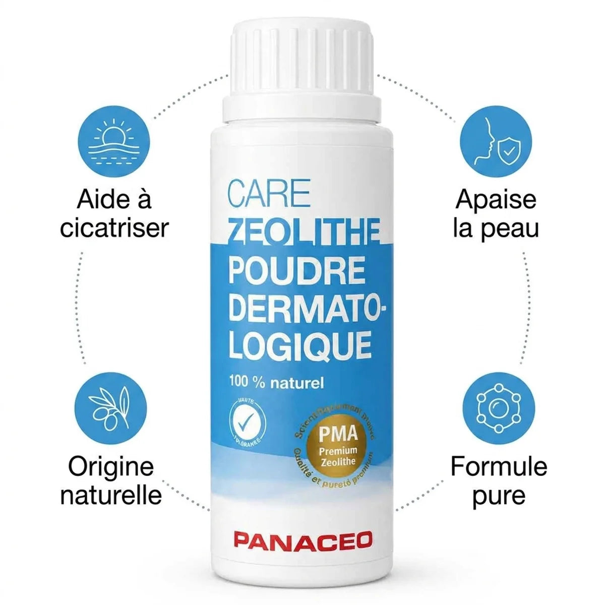 Poudre Zéolithe Panacéo cicatrisante avec bénéfices naturels apaisants et antioxydants