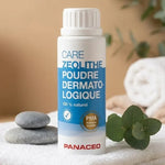 Poudre cicatrisante Panacéo à la zéolithe sur fond spa avec serviettes et plantes