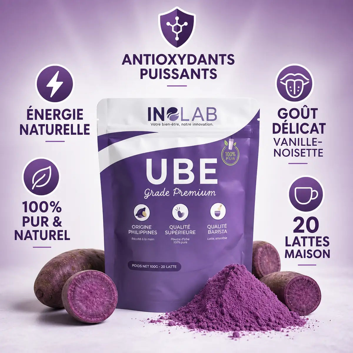 Poudre d'Ube premium INOLAB 100g avec racines fraîches, bénéfices santé et recettes lattes