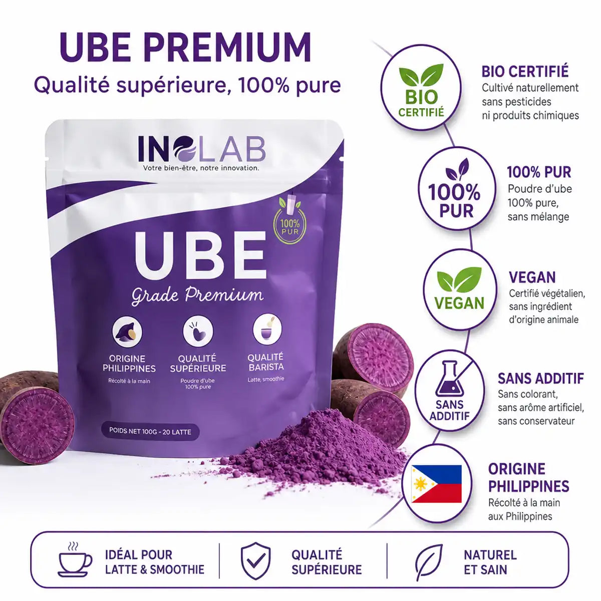 Poudre d'Ube premium 100g INOLAB avec certifications bio, vegan et sans additif sur fond blanc