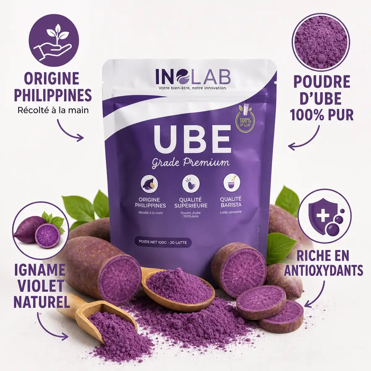 Poudre d'Ube premium INOLAB 100g - Igname violet des Philippines pur et naturel